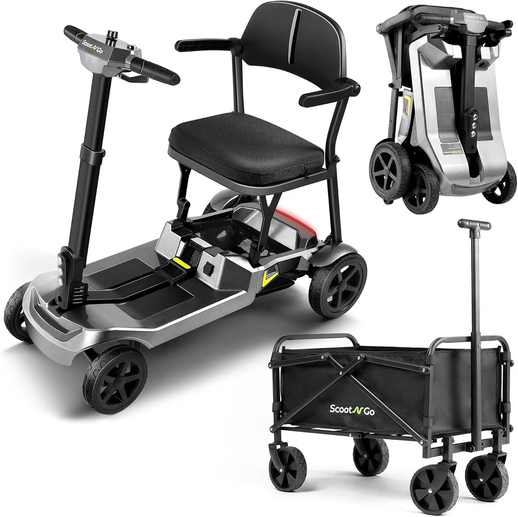 SCOOTNGO Mobility Scooters for Seniors, 4 Wheel Foldable Lightweight Airline Approved Mobility Scooter for Adults, Dual Batteries, Portable, No Assembly Needed (Silver Grey, with Folding Trailer)