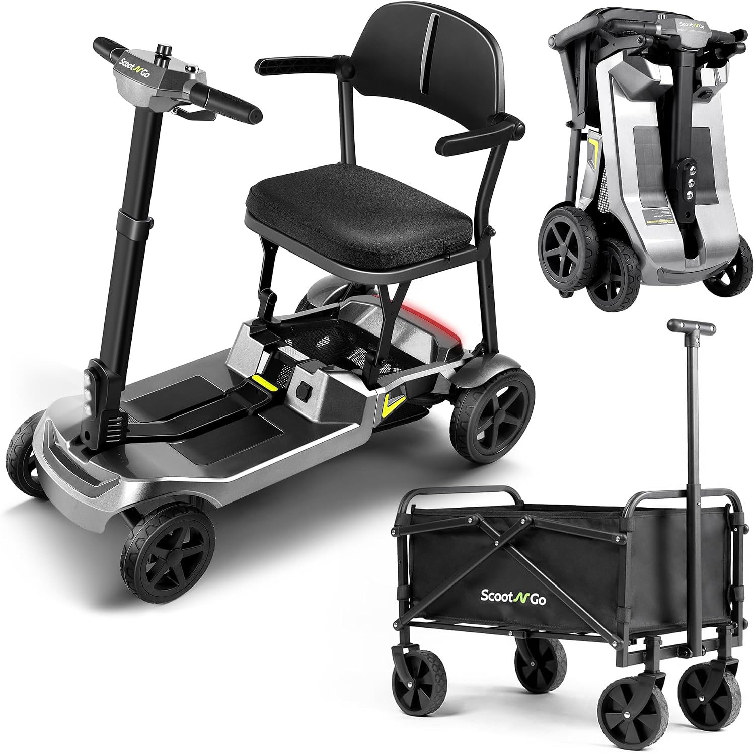 SCOOTNGO Mobility Scooters for Seniors, 4 Wheel Foldable Lightweight Airline Approved Mobility Scooter for Adults, Dual Batteries, Portable, No Assembly Needed (Silver Grey, with Folding Trailer)