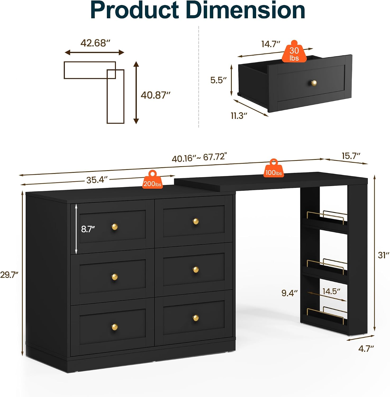 RoyalCraft Vanity Desk and Dresser Combo, 67' Extendable Big Makeup Vainty with 6 Drawer Dresser and 3 Side Shelves, Wood Corner Vanity for Bedroom, Dressing Table for Women Girlfriend, Black