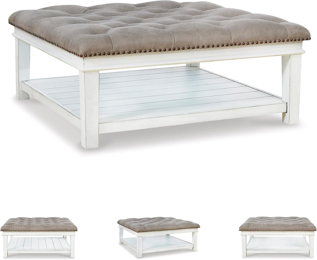 Signature Design by Ashley Kanwyn French Country Upholstered Square Ottoman Coffee Table, Whitewash