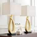 360 Lighting Simone 28' Tall Set of 2 Modern Table Lamps with USB Ports A+C Charging Sculptural Gold Metal White Rectangular Shade Decor Living Room Bedroom House Bedside Nightstand Home Office