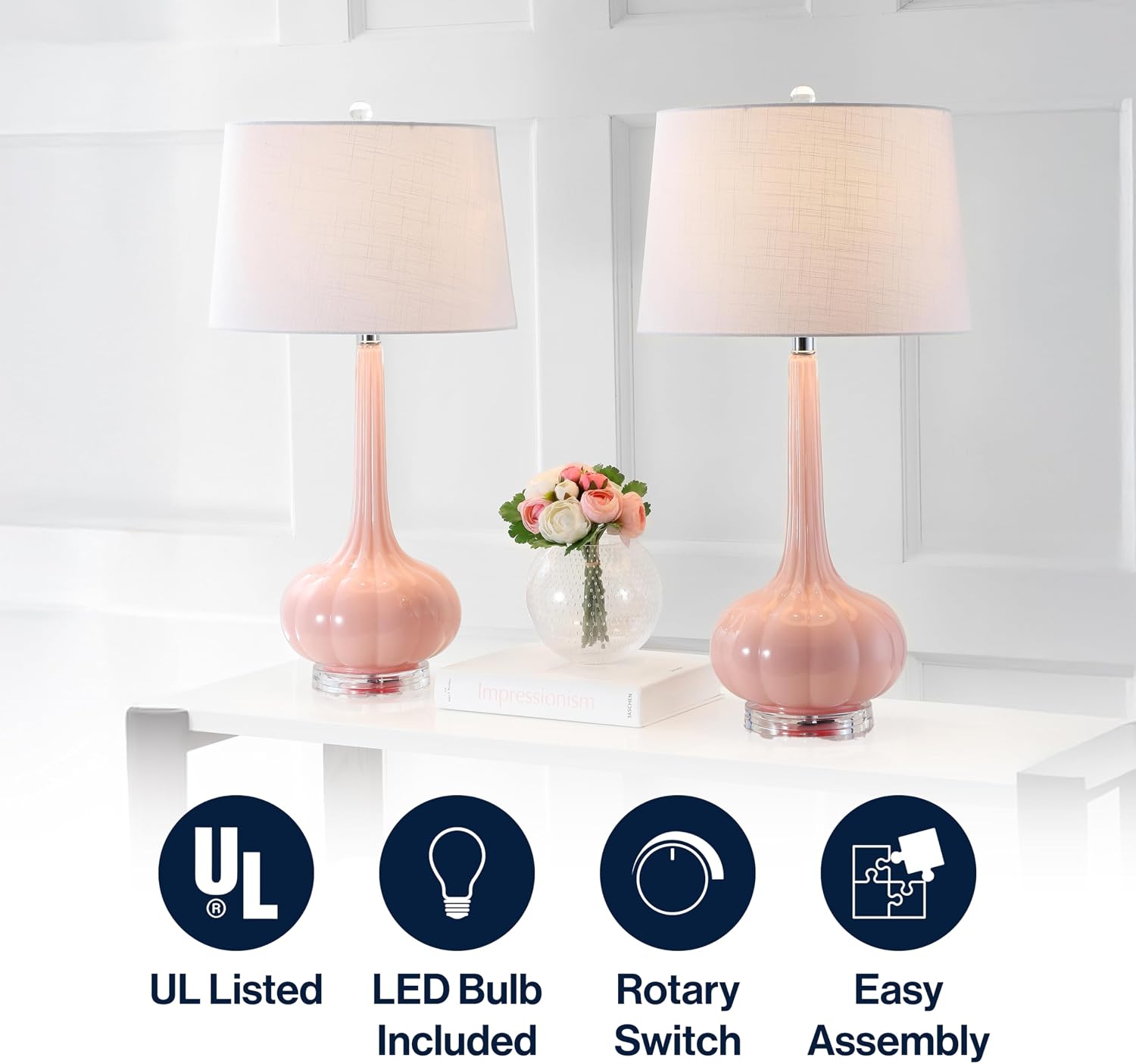JONATHAN Y 28.5' Pink Glass Teardrop LED Table Lamp Set of 2 for Living Room Bedroom Nightstand, White Linen Shade Modern Transitional Bedside Desk Lamp JYL1079A-SET2