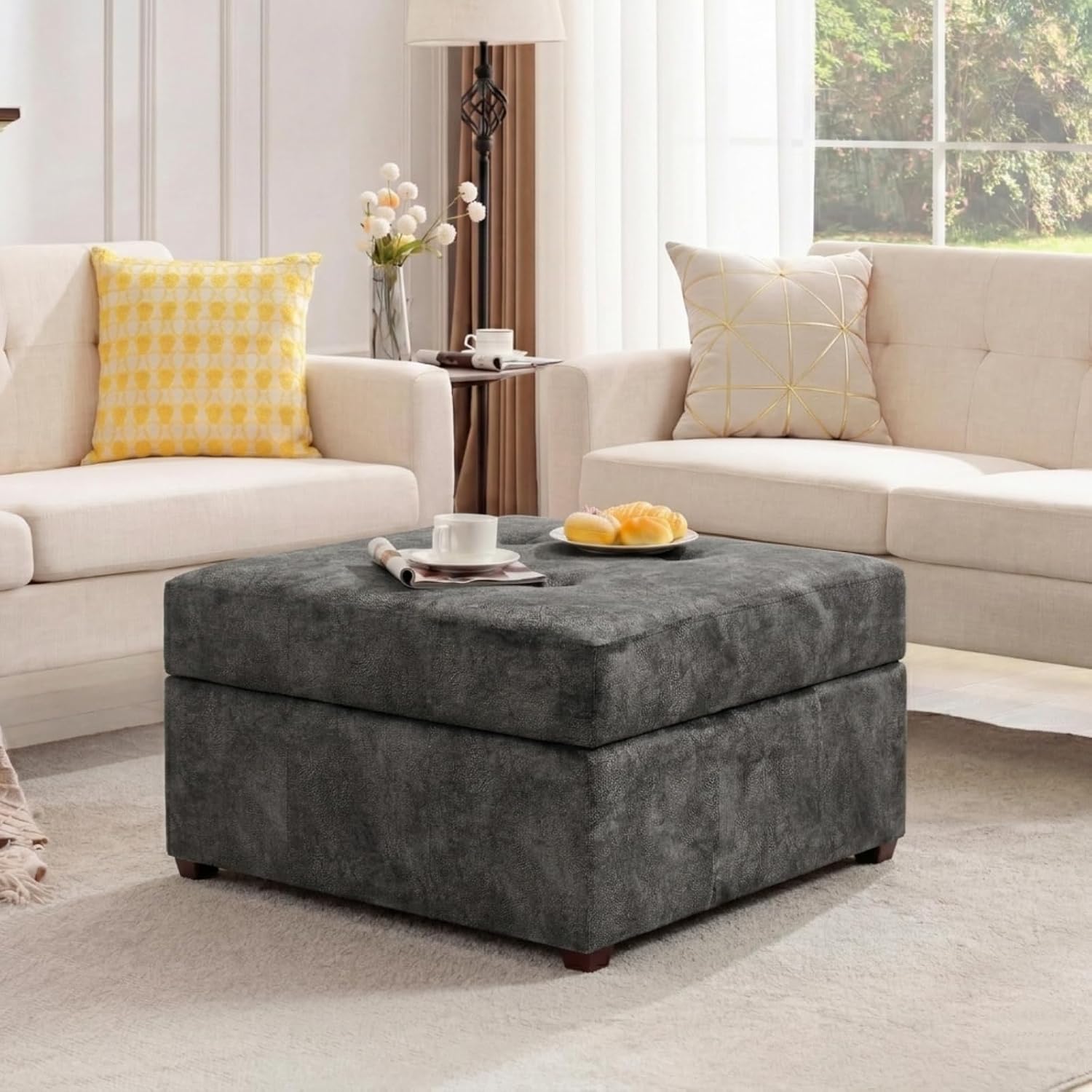 Homebeez Storage Ottoman Bench Fabric Button Tufted Coffee Table Footstool, Footrest with Wood Legs for Living Room (Black Gray)