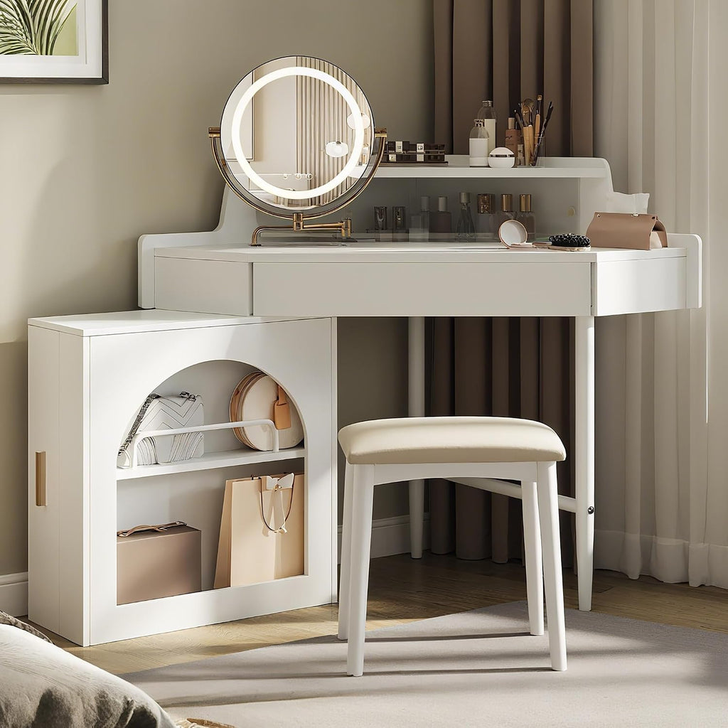 Corner Vanity Desk with Rotating Round LED Lighted Mirror, Modern Makeup Vanity with 2 Drawers & Stool for Bedroom, with Adjustable Cabinet Open Shelves Drawer for Women (White)