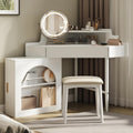 Corner Vanity Desk with Rotating Round LED Lighted Mirror, Modern Makeup Vanity with 2 Drawers & Stool for Bedroom, with Adjustable Cabinet Open Shelves Drawer for Women (White)