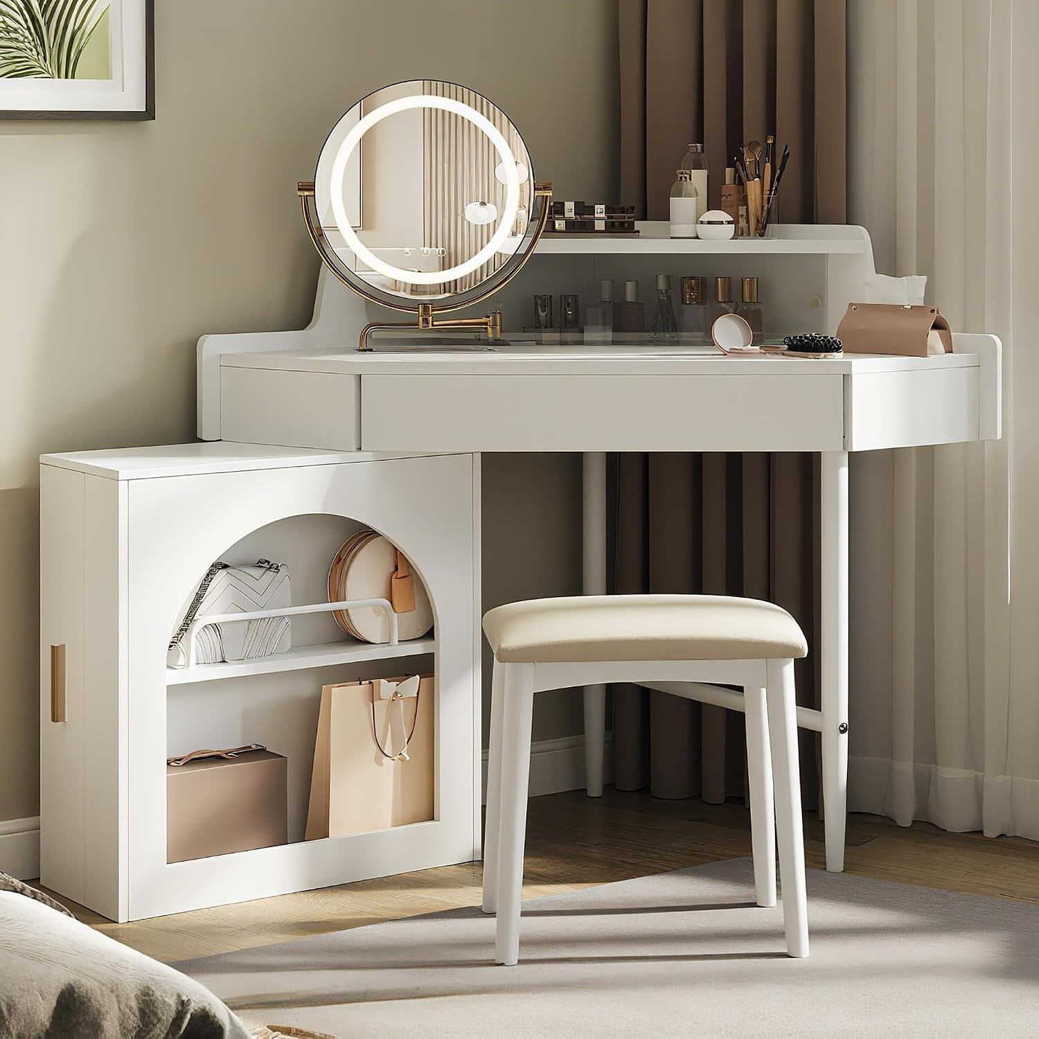 Corner Vanity Desk with Rotating Round LED Lighted Mirror, Modern Makeup Vanity with 2 Drawers & Stool for Bedroom, with Adjustable Cabinet Open Shelves Drawer for Women (White)