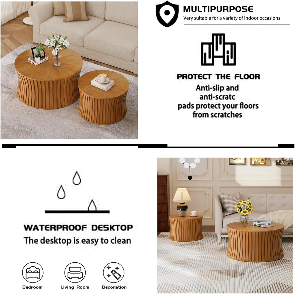 Round Wood Coffee Table Set of 2 Modern Circle Nesting Coffee Table Handcrafted Drum Nesting Table Nesting Coffee Tables for Living Room for Small Space (Brown (D26.4+D19.68 inch))