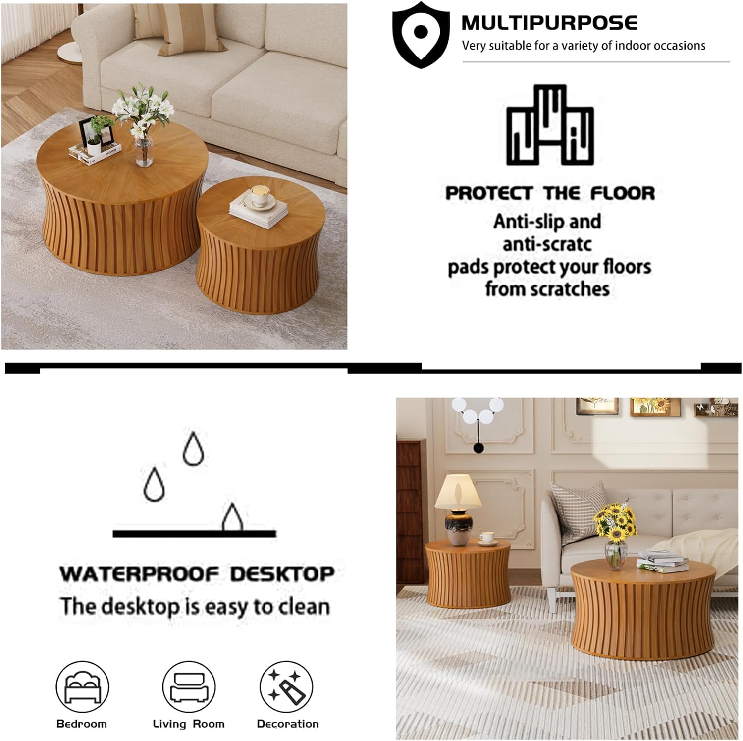 Round Wood Coffee Table Set of 2 Modern Circle Nesting Coffee Table Handcrafted Drum Nesting Table Nesting Coffee Tables for Living Room for Small Space (Brown (D26.4+D19.68 inch))