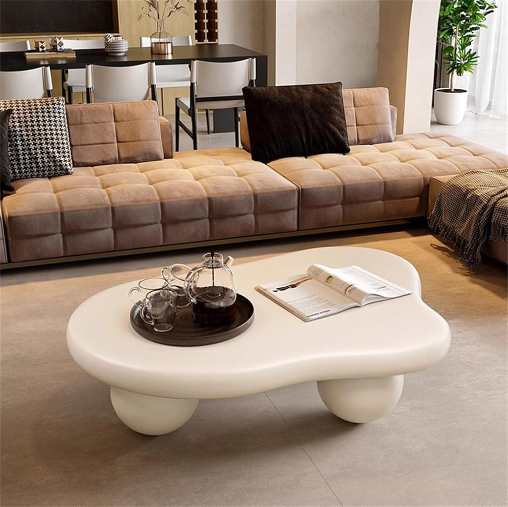 47.2' Cloud Coffee Table, Modern Coffee Table Unique Tea Table, Cute Cloud-Shaped Center Table with 3 Ball Legs for Living Room Home Office, Easy Assembly,White