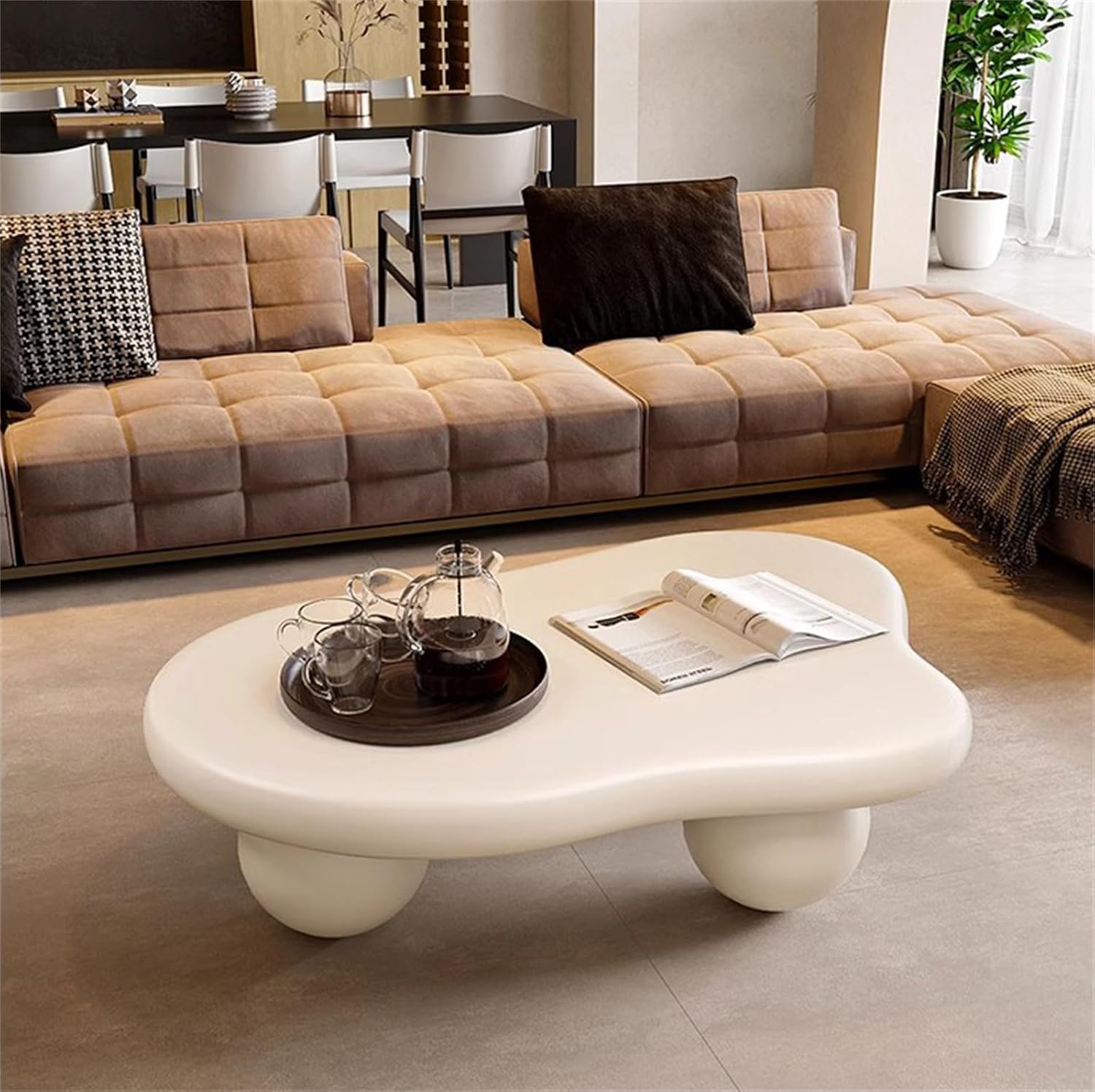 47.2' Cloud Coffee Table, Modern Coffee Table Unique Tea Table, Cute Cloud-Shaped Center Table with 3 Ball Legs for Living Room Home Office, Easy Assembly,White