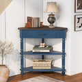 33.86' Corner Table, Wood 3 Tier Triangle Side Table Corner Shelf Stand with Solid Wood Legs 1 Drawer & 2 Storage Shelves for Living Room Small Space (Navy Blue)