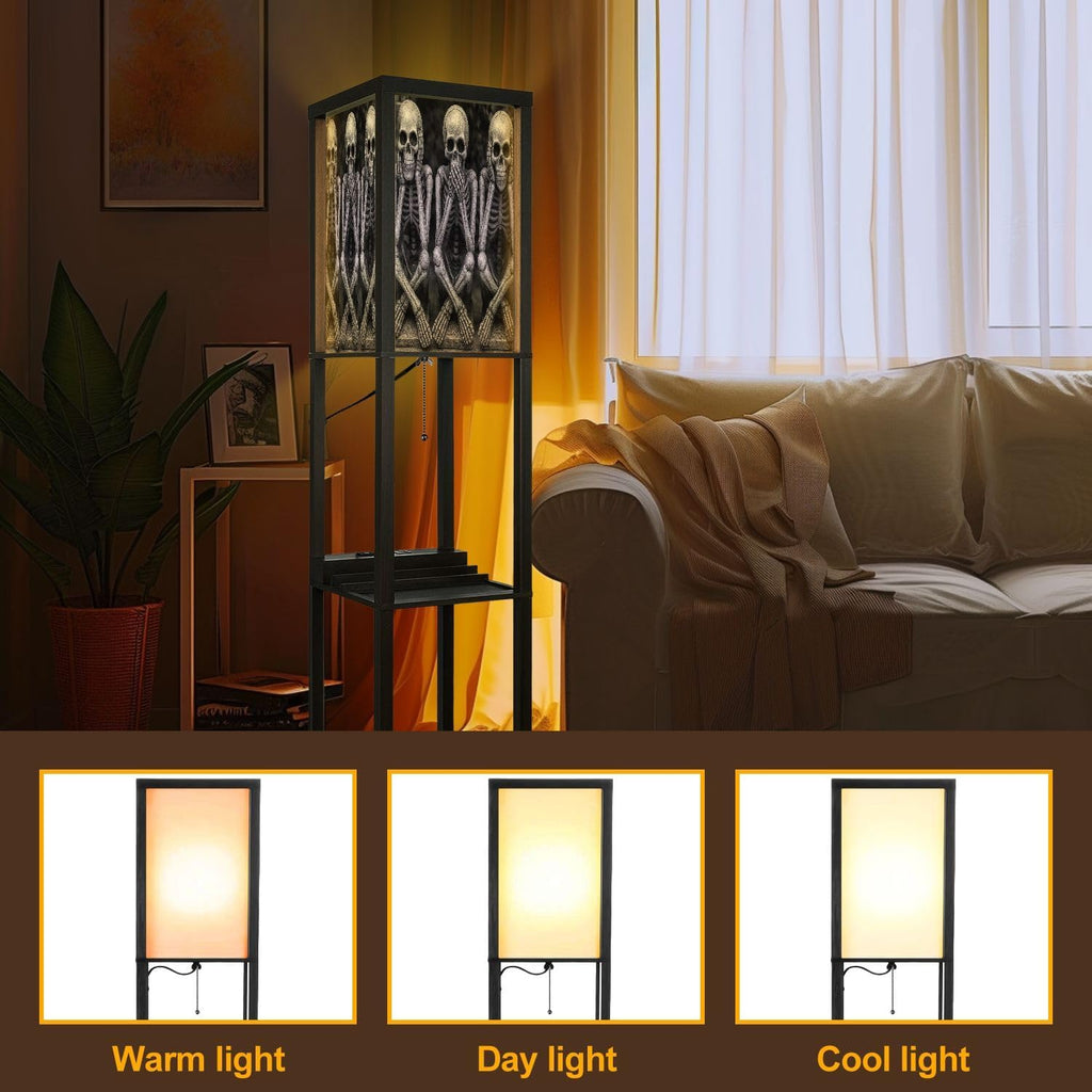 Floor Lamp with Shelves Skeletons Funny Hear no Evil Standing Tall Lamp USB Ports & Power Outlet Modern Corner Lamp Nightstand Light for Living Room Bedroom