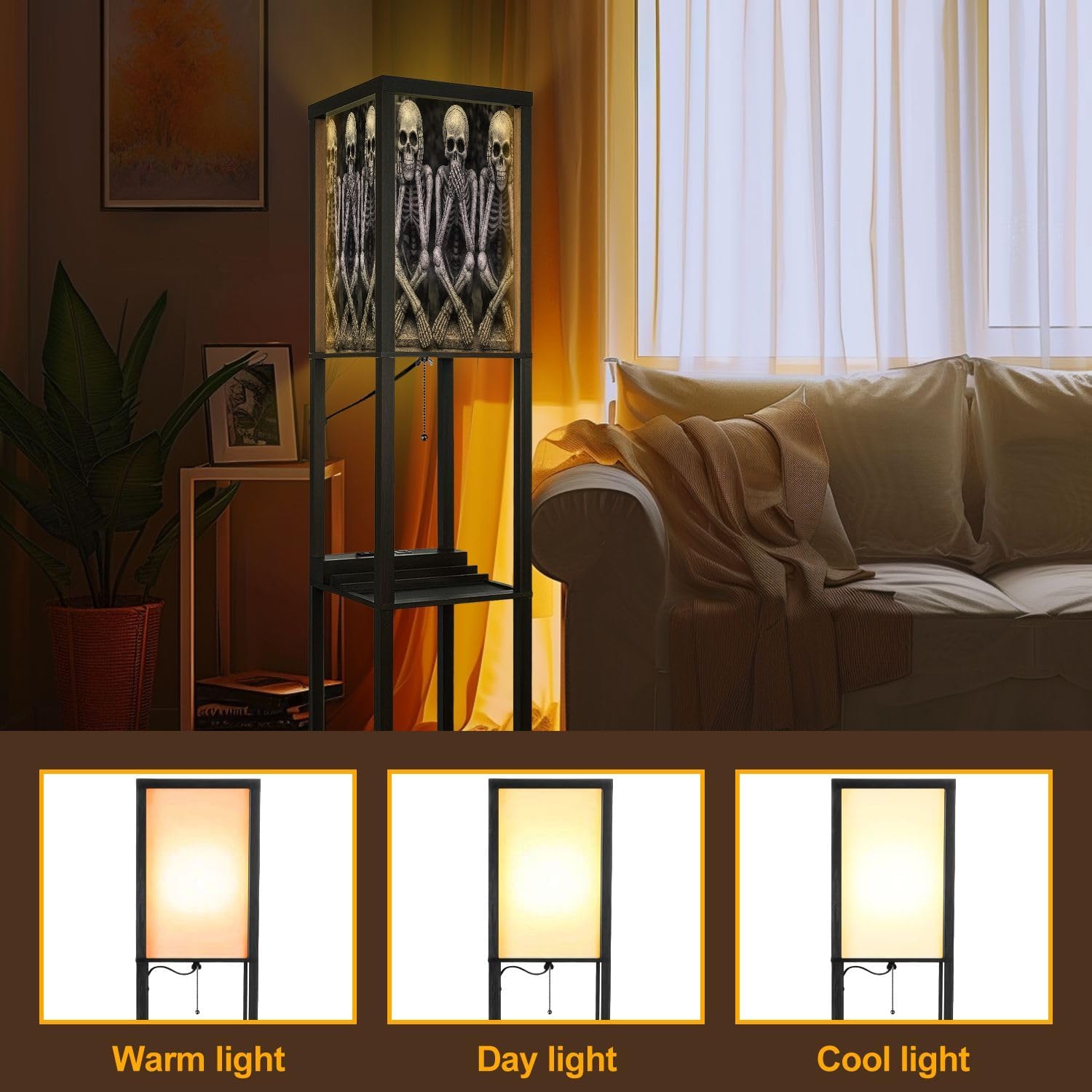 Floor Lamp with Shelves Skeletons Funny Hear no Evil Standing Tall Lamp USB Ports & Power Outlet Modern Corner Lamp Nightstand Light for Living Room Bedroom