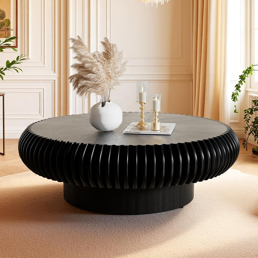 Fluted Drum Coffee Table Round Coffee Table for Living Room Mid Century Modern Coffee Tables with Sturdy Pedestal Circle Center Tea Table Accent Tea Table for Small Space Apartment (39.4inch Black)