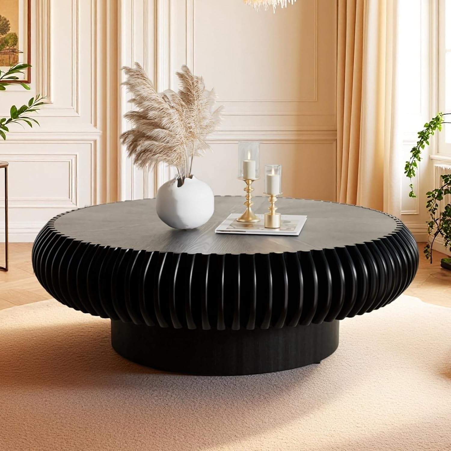 Fluted Drum Coffee Table Round Coffee Table for Living Room Mid Century Modern Coffee Tables with Sturdy Pedestal Circle Center Tea Table Accent Tea Table for Small Space Apartment (39.4inch Black)