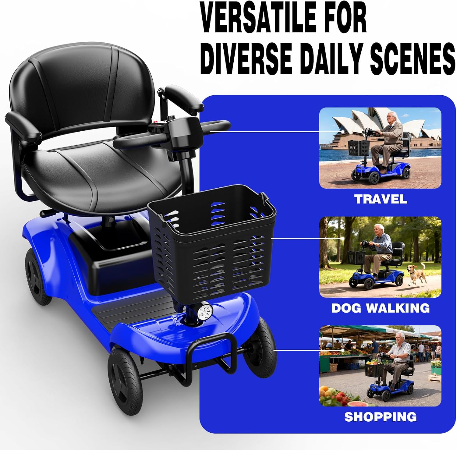 Mobility Scooter,4 Wheel Mobility Scooter,28 Miles Range,300W Motor, 300LBS Capacity,Lightweight and Portable,with LED Headlights and Basket,Charger Included,Blue