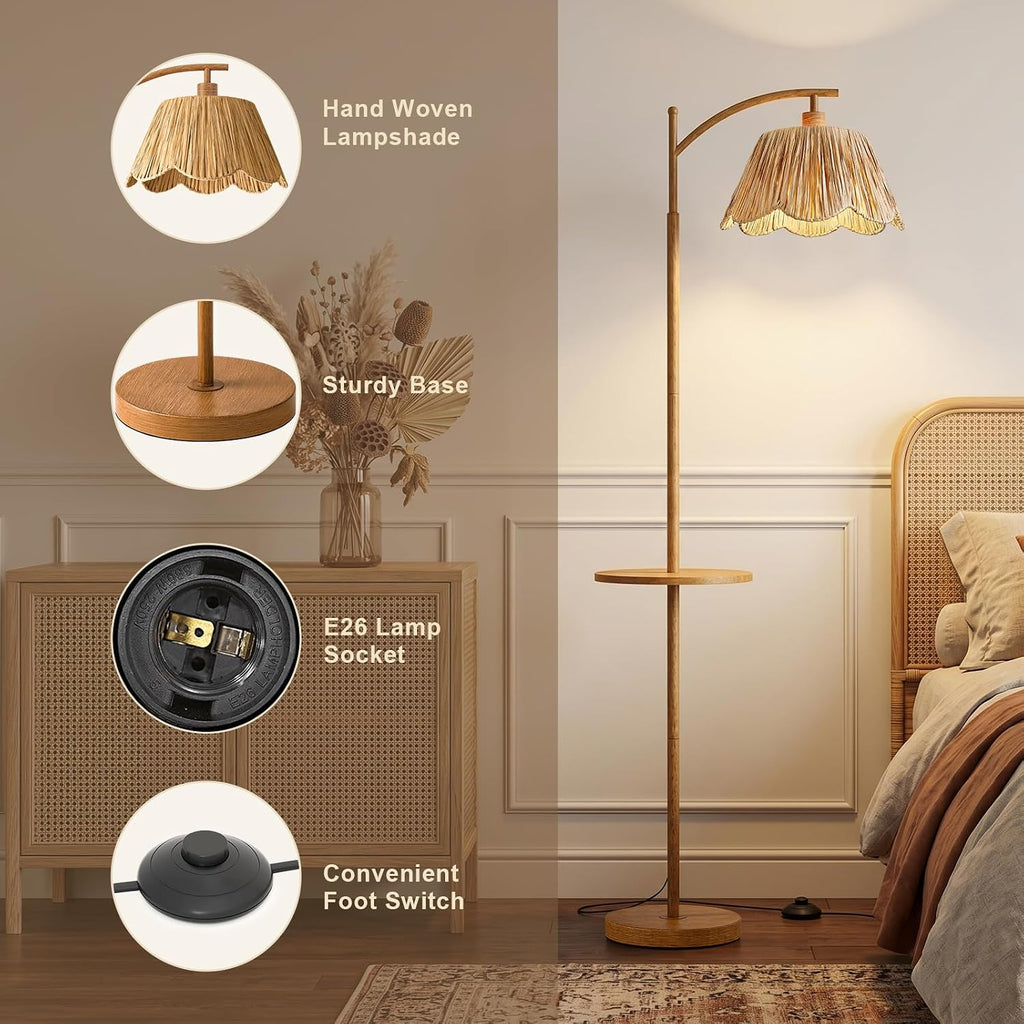 Oneach 63.5' Floor Lamp with Table for Living Room, Boho Rattan Standing Lamps with Foot Switch, Farmhouse Floor Lamp for Bedroom, Arc Tall Lamp with Metal Base&Pole, Bulb not Included, Woodgrain