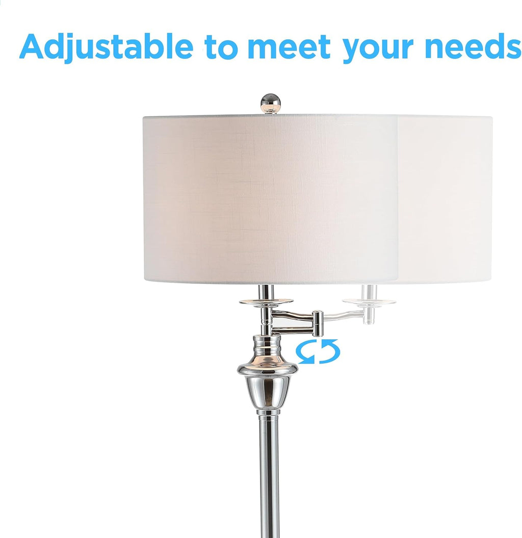 JONATHAN Y 60' Chrome Floor Lamp with Integrated Glass Side Table, Modern Swing Arm Standing Lamp for Living Room, White Linen Shade, LED Bulb Included (JYL3055B)