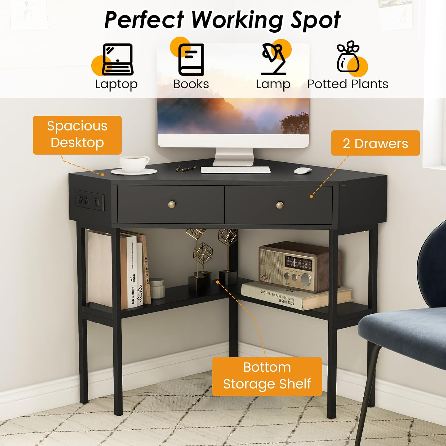 Giantex Corner Desk with Charging Station, 90 Degree Triangle Computer Desk with 2 Drawers & Storage Shelf, L-Shaped Writing Desk Makeup Vanity Table, Compact Corner Desk for Small Spaces (Black)