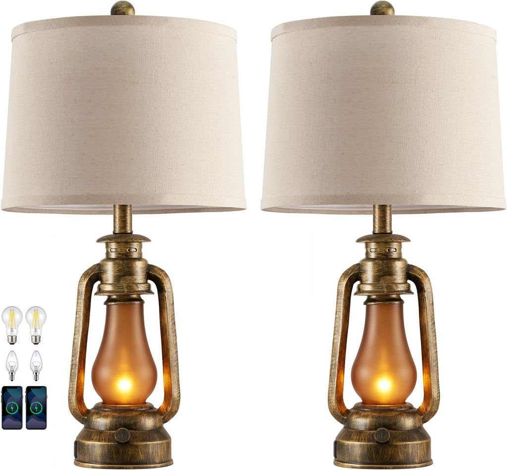 25' Set of 2 Rustic Lantern Table Lamps for Living Room Bedroom, 2 USB Ports Farmhouse Vintage Bedside Desk Lamp Nightlight for Entryway Office End Table, 4 Bulbs Included
