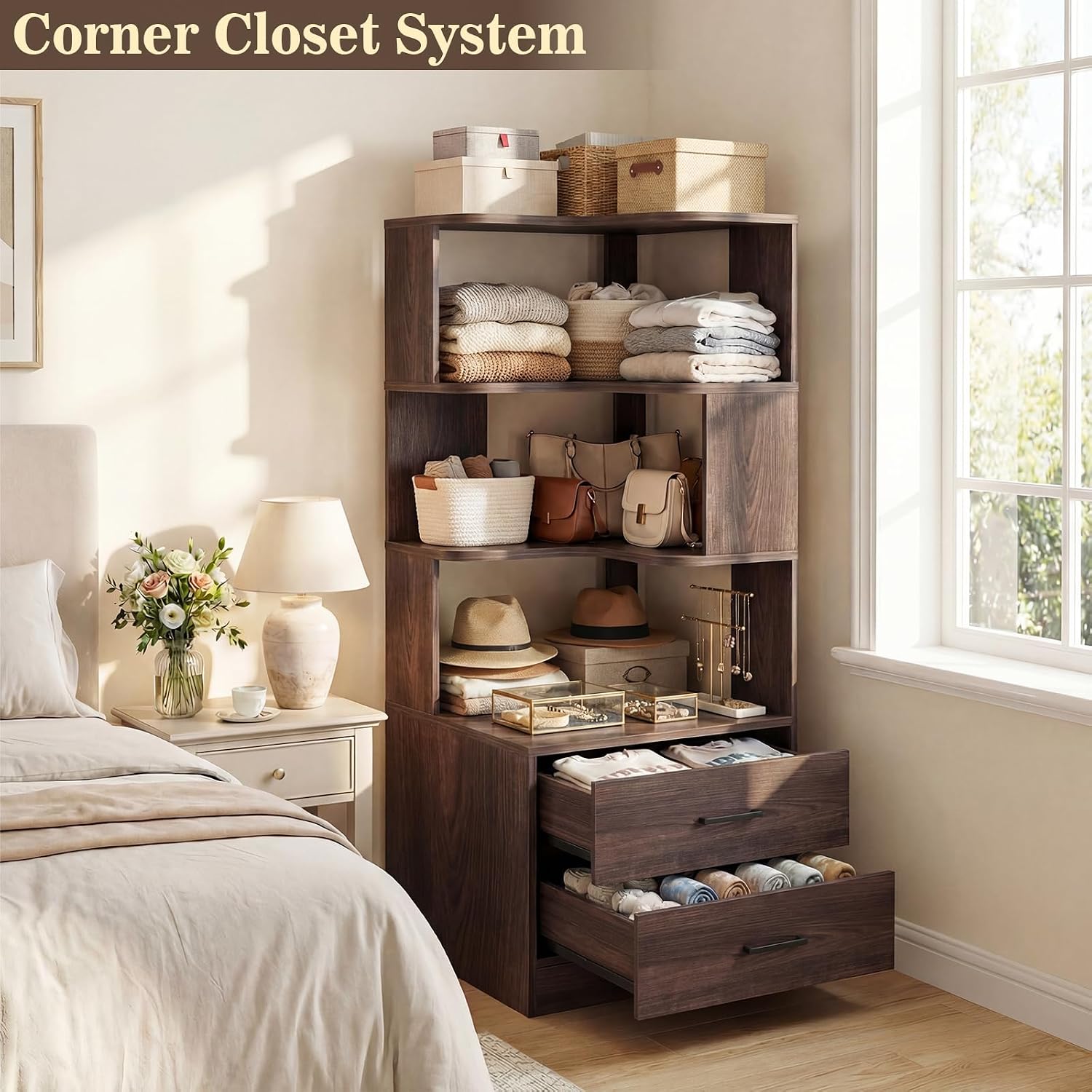 Armocity Corner Bookshelf with Drawers, 6 Tier Corner Book Shelf Display Bookcase, Freestanding L Shaped Bookshelf for Bedroom, Living Room, Home Office, Black Walnut