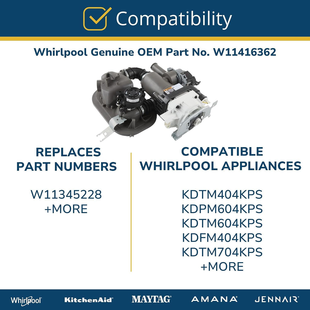 Whirlpool W11416362 Genuine OEM Dishwasher Pump and Motor Assembly Replacement Part - Replaces W11345228