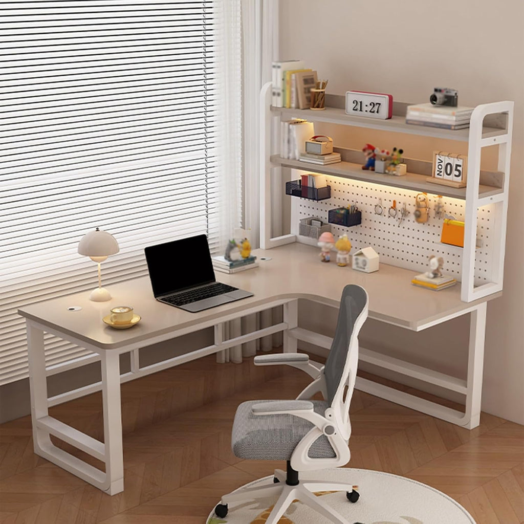 Corner with Storage Shelves, L Shaped Office Desk with Pegboar, Space Saving Writing Desk Writing Workstation Gaming Table for Home Bedroom,Grey-One Size