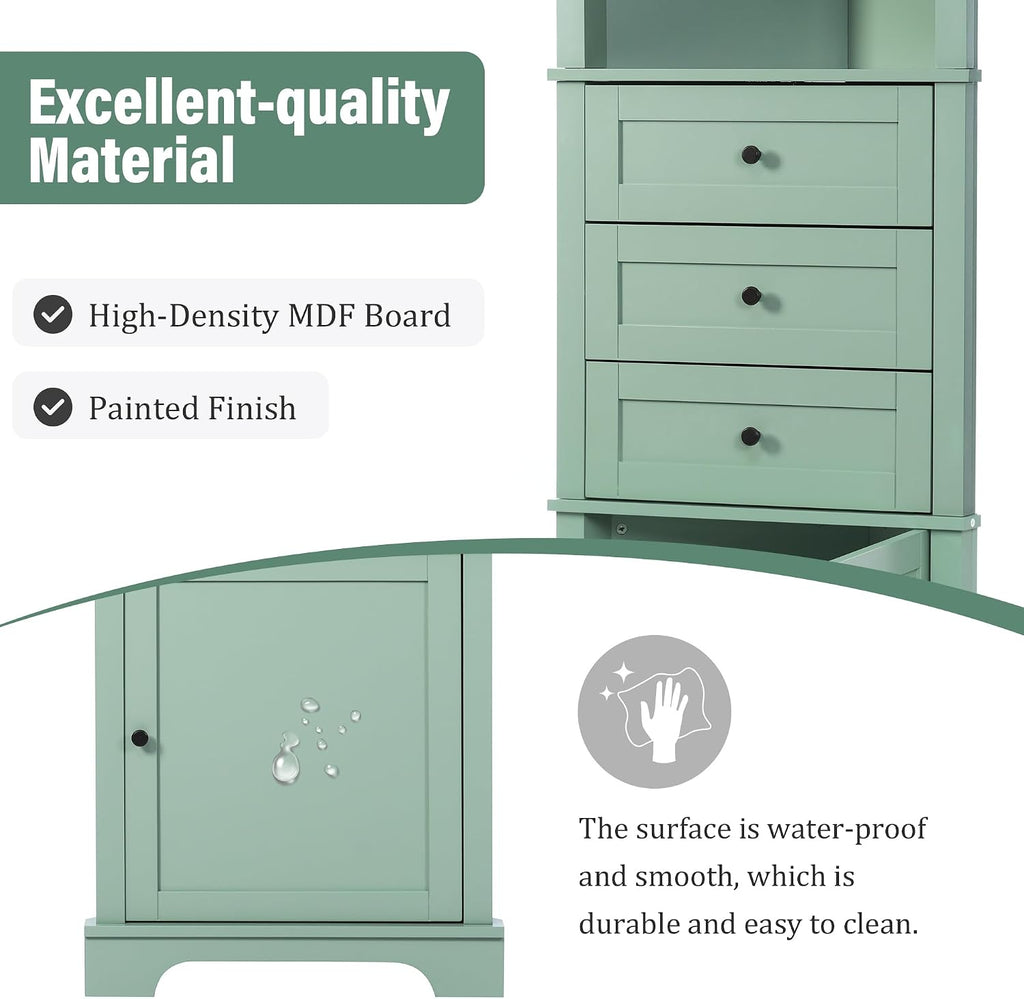 Triangle Tall Bathroom Storage Cabinet, Corner Storage Cabinet | with 3 Drawers, 1 Cabinet & Adjustable Shelves for Bathroom Kitchen Living Room (Green, 23'W x 13.4'D x 68.9'H)