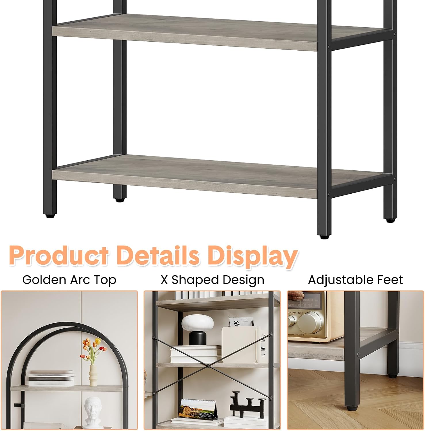 Takywep Bookshelf, Arched Bookcase with Metal Frame 5 Tiers Bookshelf Industrial Arched Cabinet Display Shelf Floorstanding Storage Shelving Unit for Bedroom, Living Room and Home Office, Gray