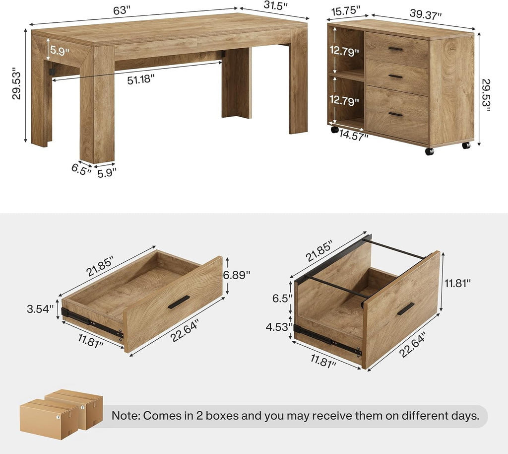 Tribesigns 63' L Shaped Desk with Storage, Executive Office Desk with Rolling File Cabinet Combo, Large Computer Table with Drawers and Shelves, Business Furniture Set for Home Office, Brown