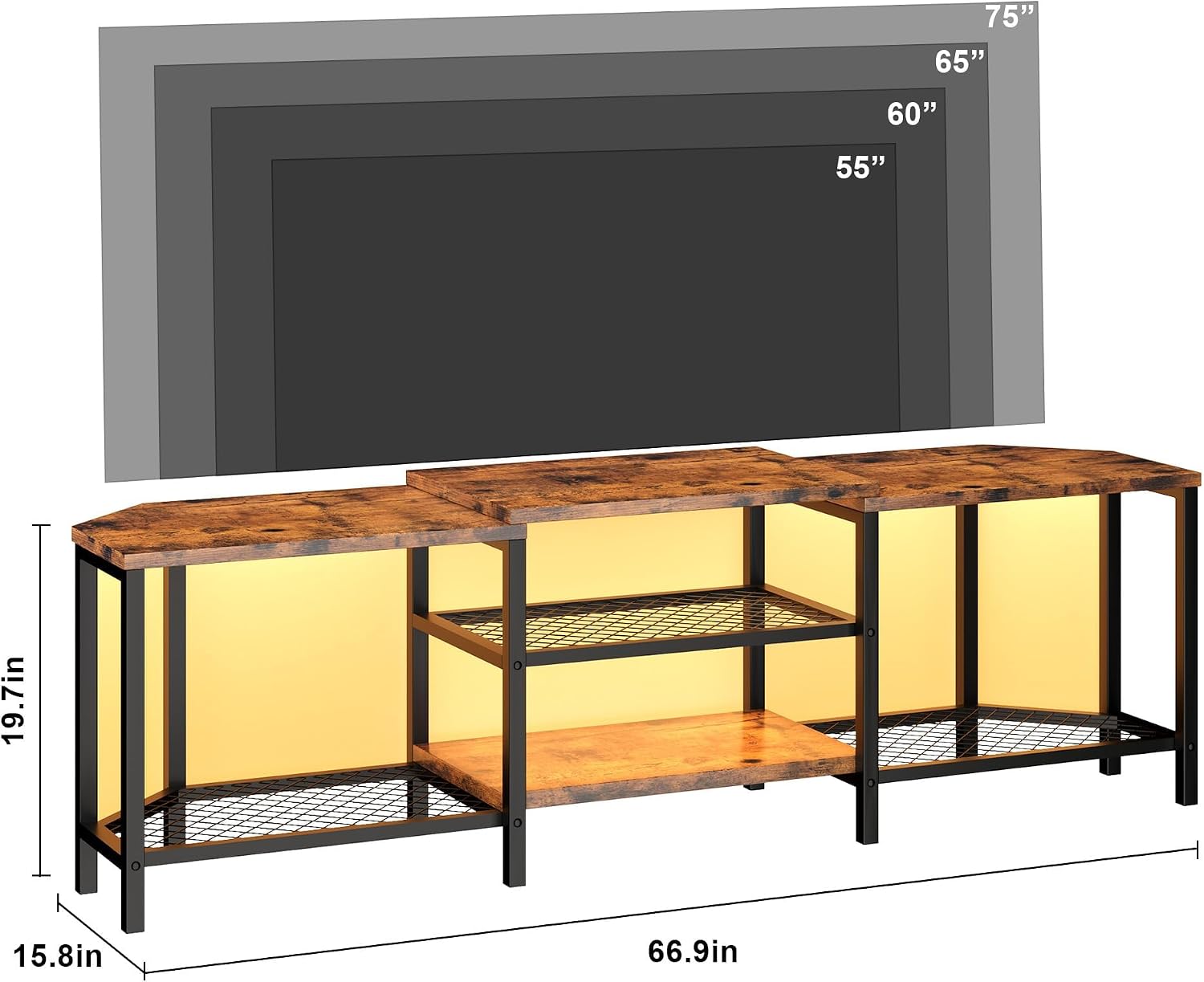 67'' Corner TV Stand for 55/65/75 Inch TVs,4 Open Shelves, Power Outlets, Led Lights,Media Console Table for Living Room or Bedroom,Brown