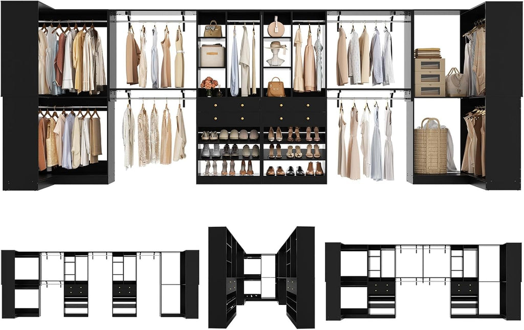 Besiost Closet System with 4 Drawers & Corner Tower, Closet Organizer System with 10 Hanging Robs, Reversible U Shaped Walk-in Closet System, Load 3600+LBS Capacity, Set of 4, Black