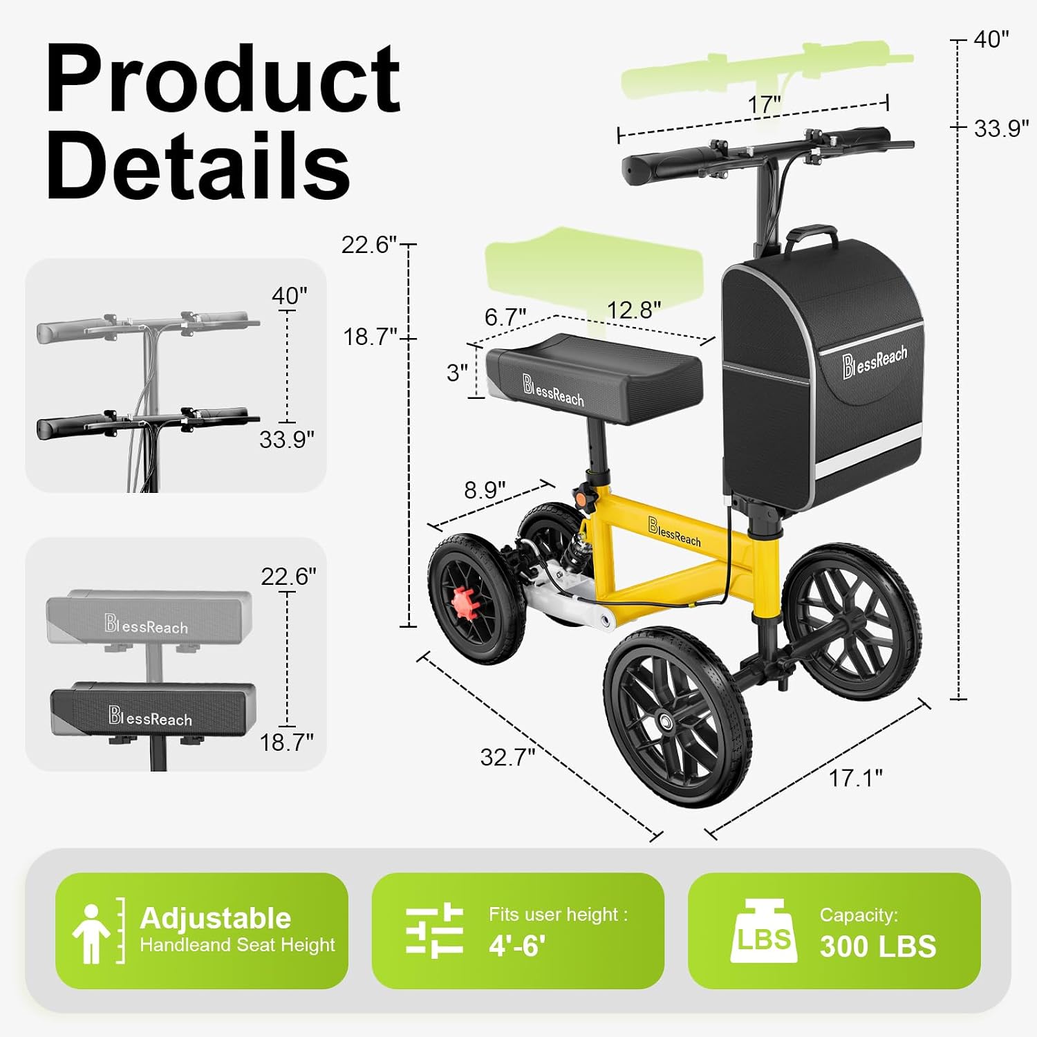 BlessReach Economy Steerable Knee Walker - Compact Crutch Alternative for Foot Injuries with Dual Braking System (Yellow)
