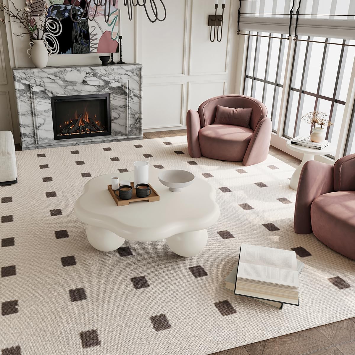 35.03' Cloud Coffee Table for Living Room Unique Coffee Table Modern Low Coffee Tables Cute Center Table with 3 Ball Legs for Small Space Apartment Cream Flower-White