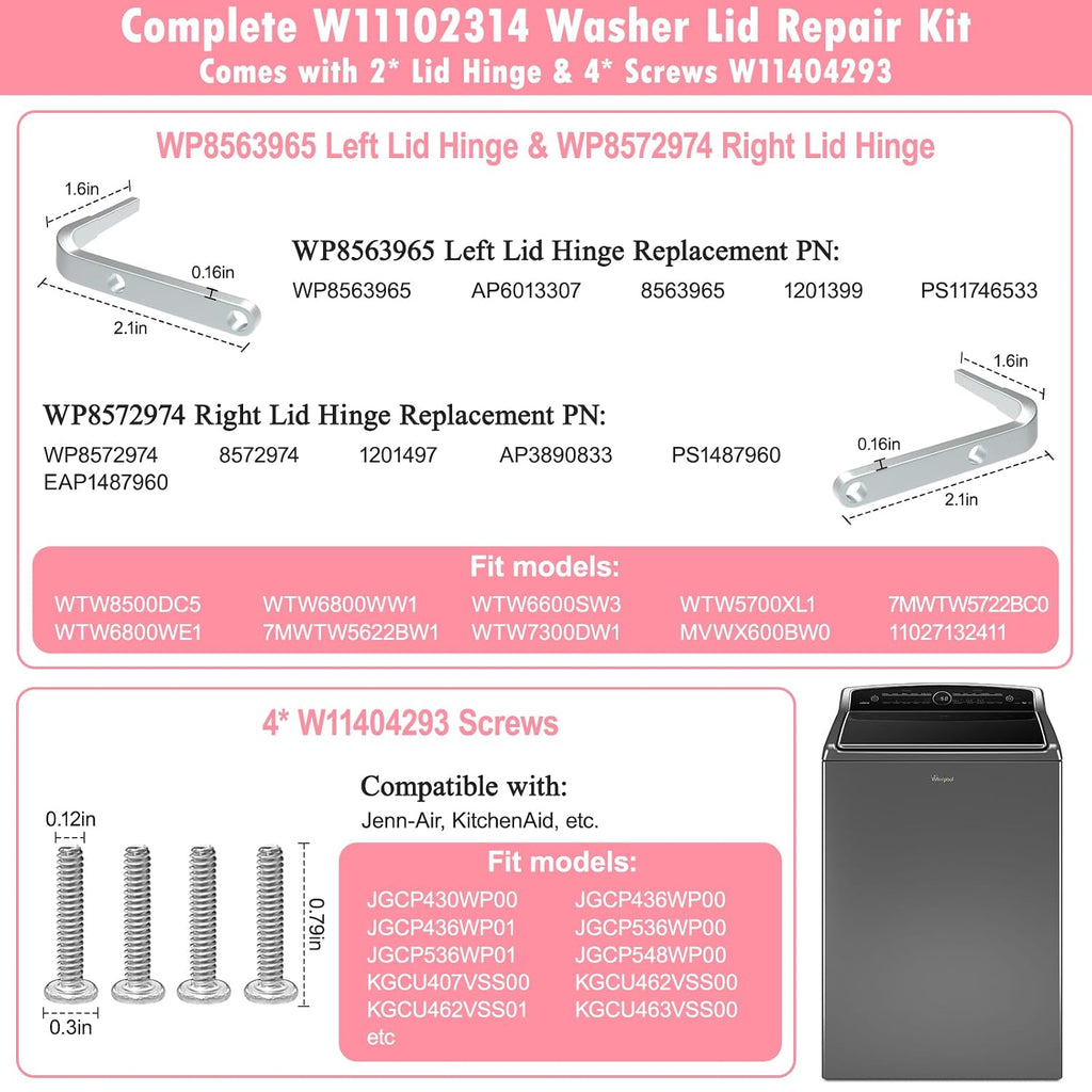 LXun Upgrade W11102314 Washer Lid Assembly Replacement Compatible With Whirlpool Washer Lid Part WP8563965 Left Lid Hinge & WP8572974 Right Lid Hinge & 4 Screws W11404293, Replaces W10594159 W10610172