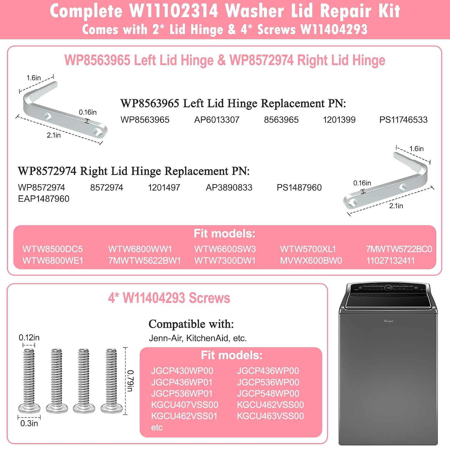 LXun Upgrade W11102314 Washer Lid Assembly Replacement Compatible With Whirlpool Washer Lid Part WP8563965 Left Lid Hinge & WP8572974 Right Lid Hinge & 4 Screws W11404293, Replaces W10594159 W10610172