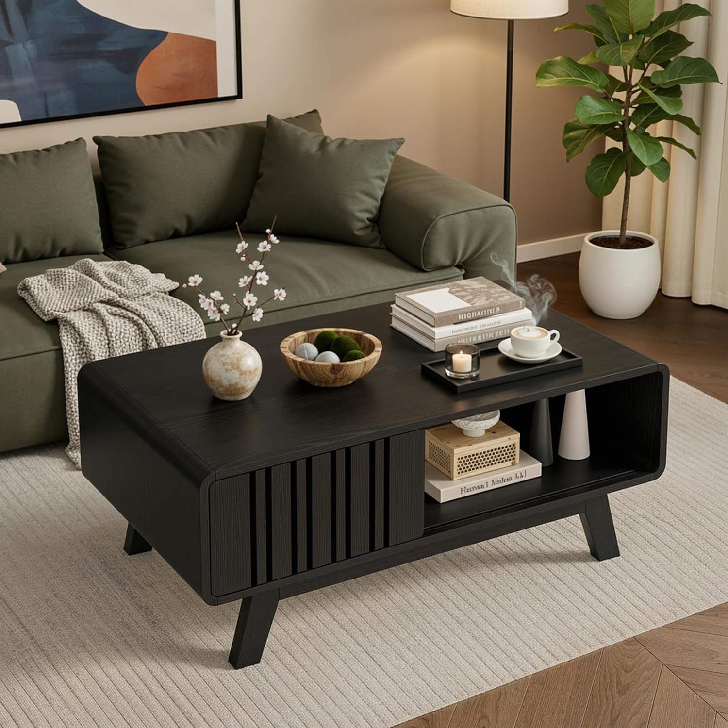 ONBRILL Coffee Table, Mid Century Modern Table with Storage Compartment, Fluted Table with Sliding Cabinet Door, Farmhouse Wood Coffee Table for Living Room (Black)