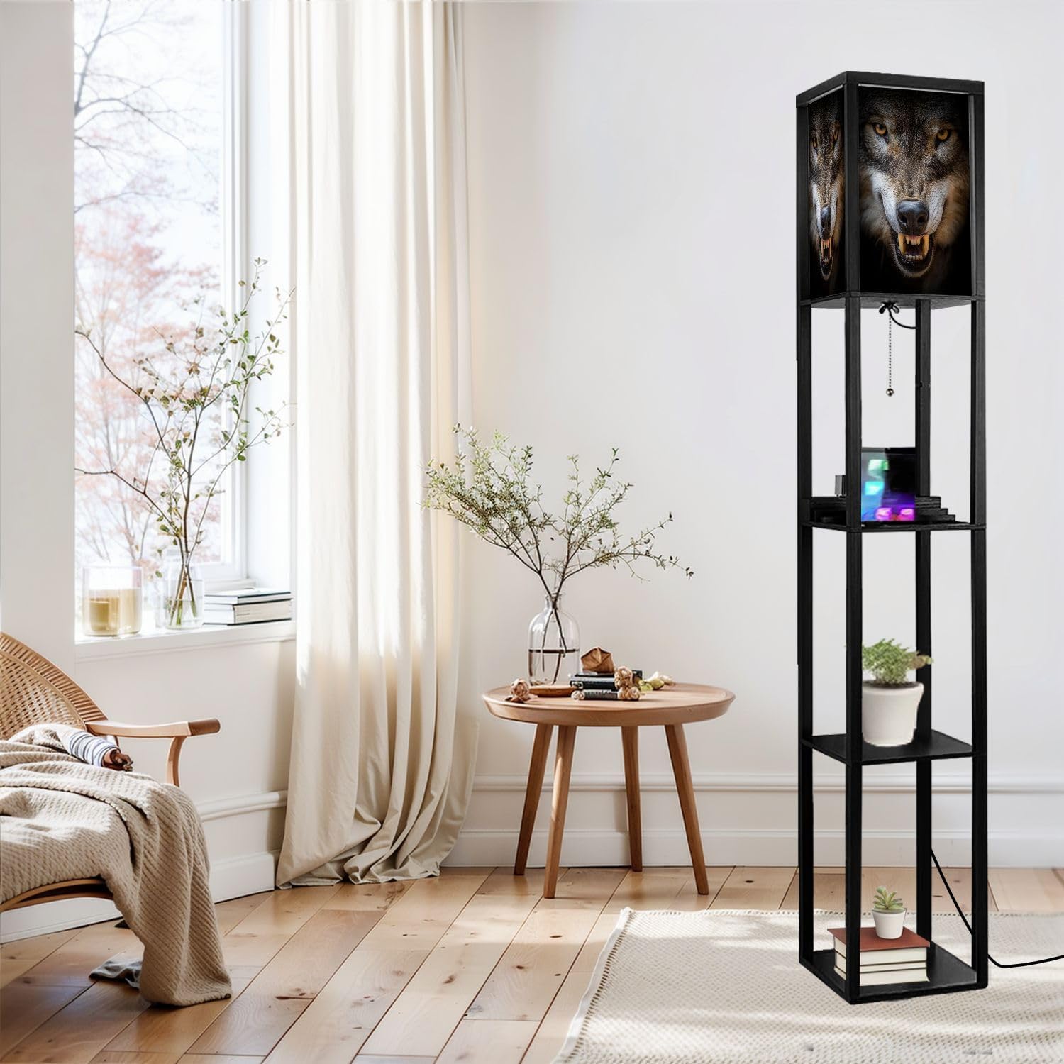 Floor Lamp with Shelves Snarling Eurasian Lupus Lupus Standing Tall Lamp USB Ports & Power Outlet Modern Corner Lamp Nightstand Light for Living Room Bedroom