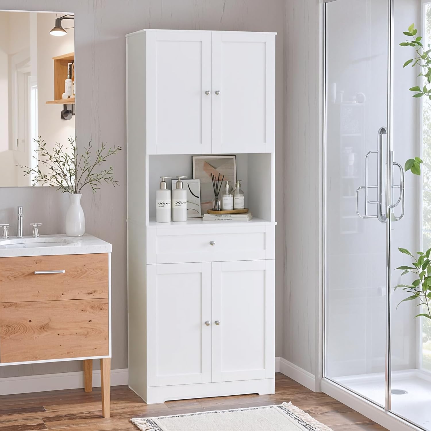Tall Bathroom Storage Cabinets with Drawer, Modern Linen Cabinet with Doors & Shelves, 67'H Tall Storage Cabinet Freestanding for Bathroom, Dining Room, Kitchen & Pantry, Laundry, Narrow Corner, White