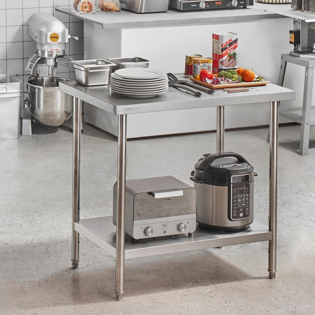 VEVOR Stainless Steel Prep Table, 24 x 36 x 34 Inch, 750 lbs Load Capacity, Heavy Duty Metal Worktable with 3 Adjustable Height Levels, Commercial Workstation for Kitchen Garage Restaurant Backyard