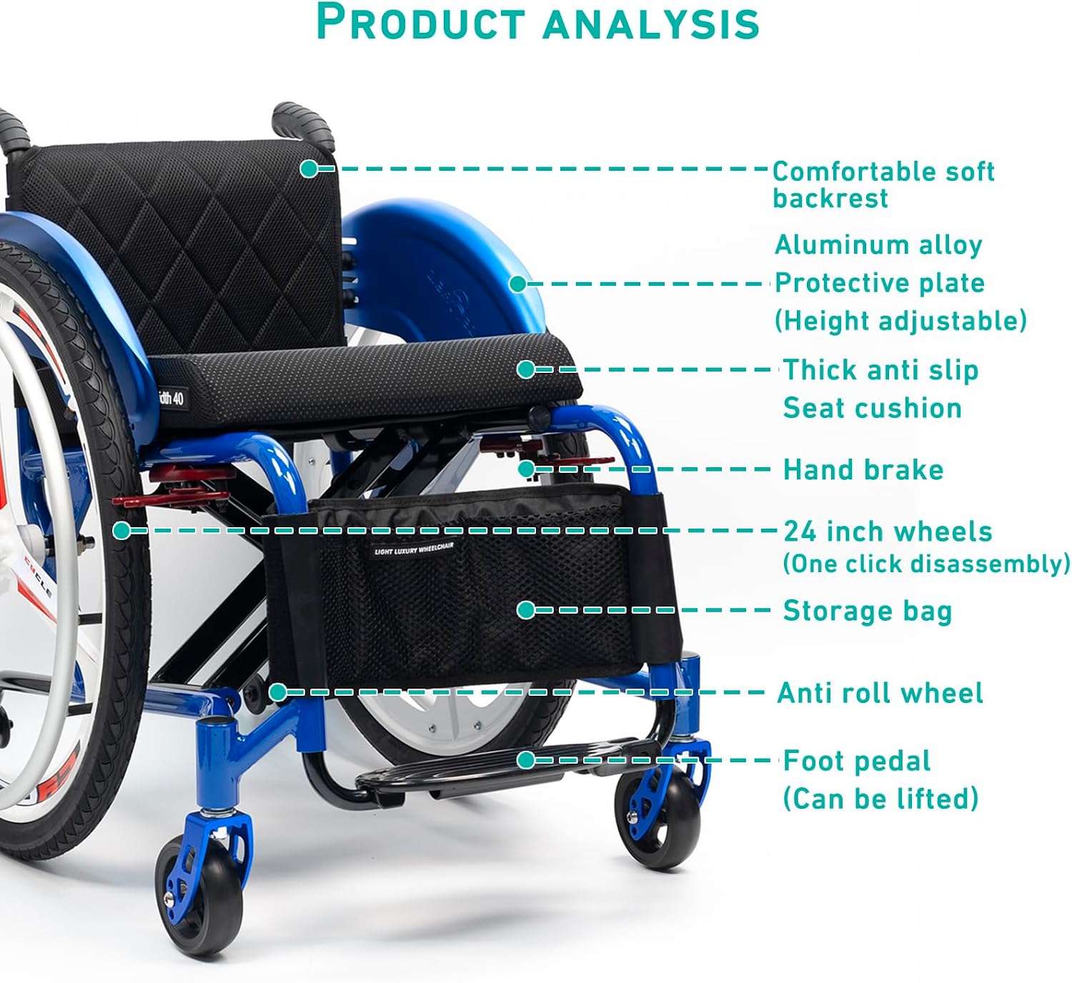 Wheelchairs,Lightweight Wheelchair,Self-Propelled Wheelchairs,Portable Folding Wheelchair for Adults and Seniors,Transport Wheelchair,Sports Wheelchair(Blue,41cm/16.1in)