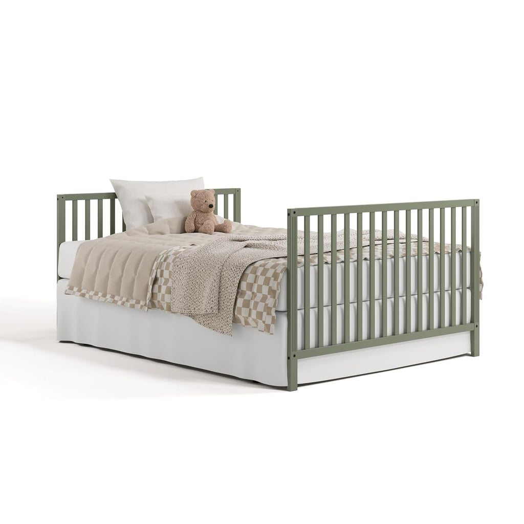Storkcraft Morningside 5-in-1 Convertible Crib – GREENGUARD Gold Certified, Fits Standard Crib Mattress, Converts to Toddler Bed, Daybed and Full Bed, 4 Adjustable Mattress Heights (Olive)