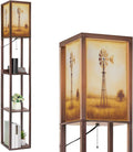 Floor Lamp with Shelves Rustic Windmill Golden Prairie Landscape Standing Tall Lamp USB Ports & Power Outlet Modern Corner Lamp Nightstand Light for Living Room Bedroom