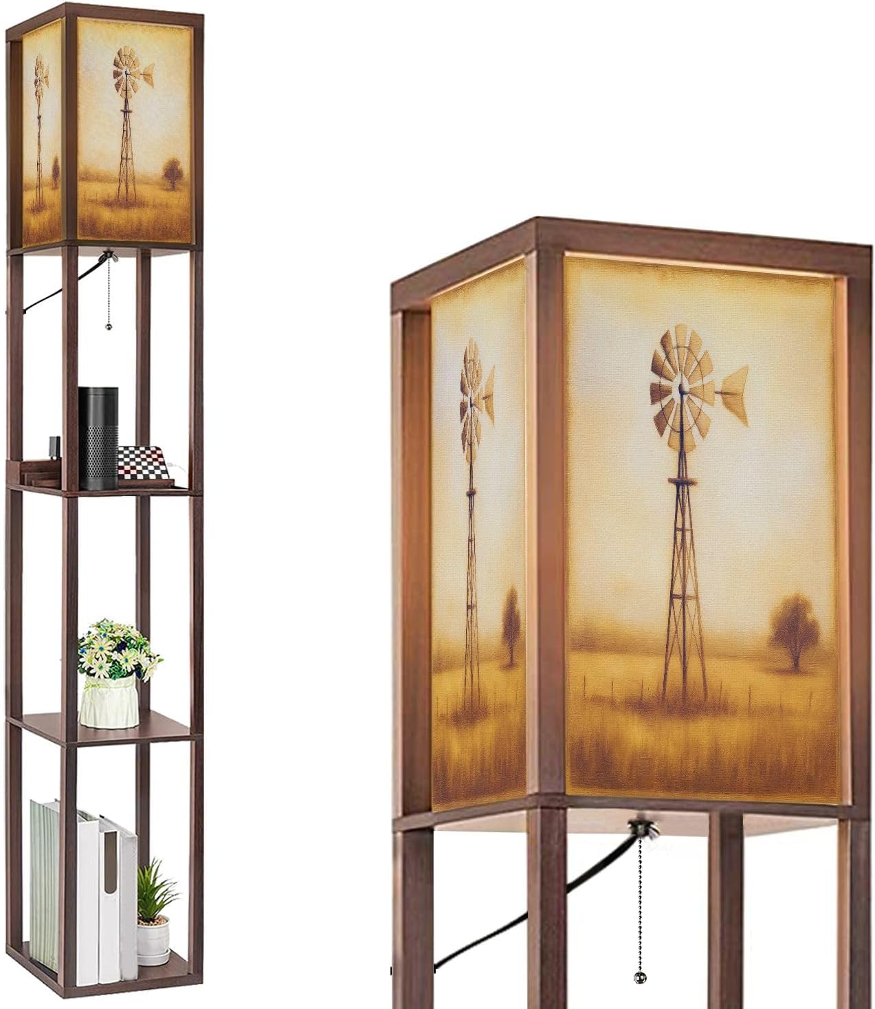 Floor Lamp with Shelves Rustic Windmill Golden Prairie Landscape Standing Tall Lamp USB Ports & Power Outlet Modern Corner Lamp Nightstand Light for Living Room Bedroom