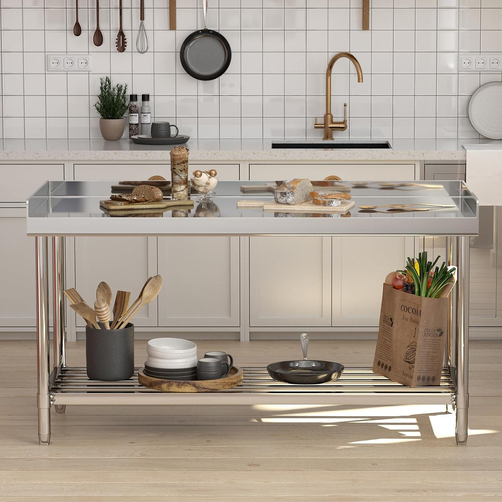 Garvee 48x24 in NSF Stainless Steel Table with Backsplash – Commercial Kitchen Prep Table for Restaurant, Home & Hotel, Heavy-Duty Workstation with Adjustable Undershelf & Splash Guard