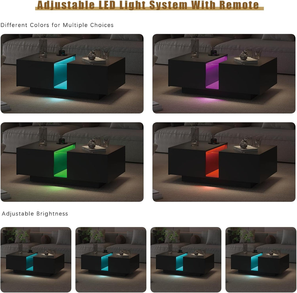 HedoAjim Black Led Coffee Table for Living Room, Rectangular Living Room Table with Storage, Acrylic Coffee Tables with 2 Sliding Drawers, Wood Center Table for Reception Dinning Room