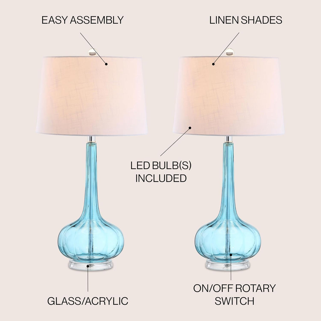 JONATHAN Y 28.5' Aqua Glass Teardrop LED Table Lamp Set of 2 for Living Room Bedroom Nightstand, White Linen Shade Modern Transitional Bedside Desk Lamp (JYL1079B-SET2)