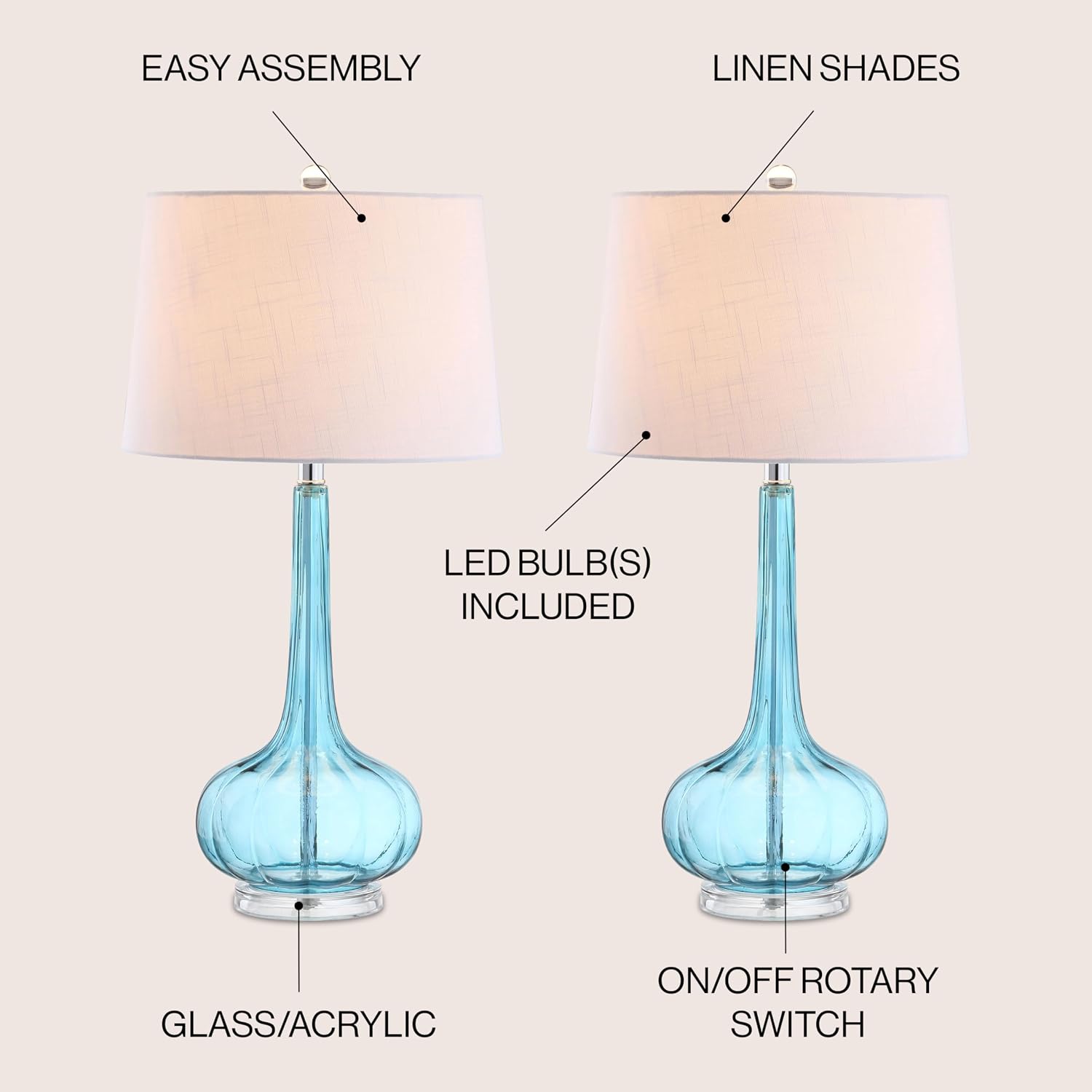 JONATHAN Y 28.5' Aqua Glass Teardrop LED Table Lamp Set of 2 for Living Room Bedroom Nightstand, White Linen Shade Modern Transitional Bedside Desk Lamp (JYL1079B-SET2)
