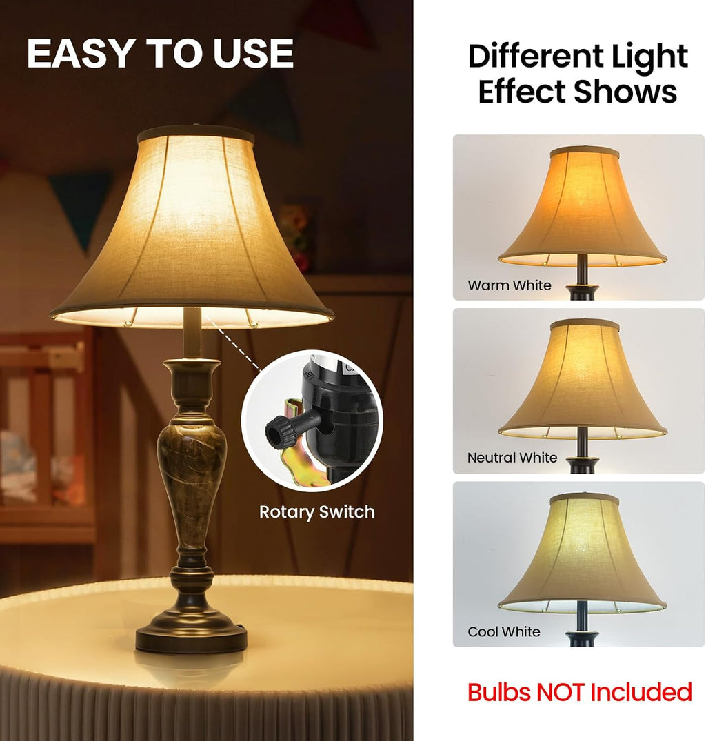 3 Piece Living Room Lamps, Vintage Table Lamp and Floor Lamp Set of 3, Stable Iron Base with Brown Fabric Shade for Bedroom Reading Room Office