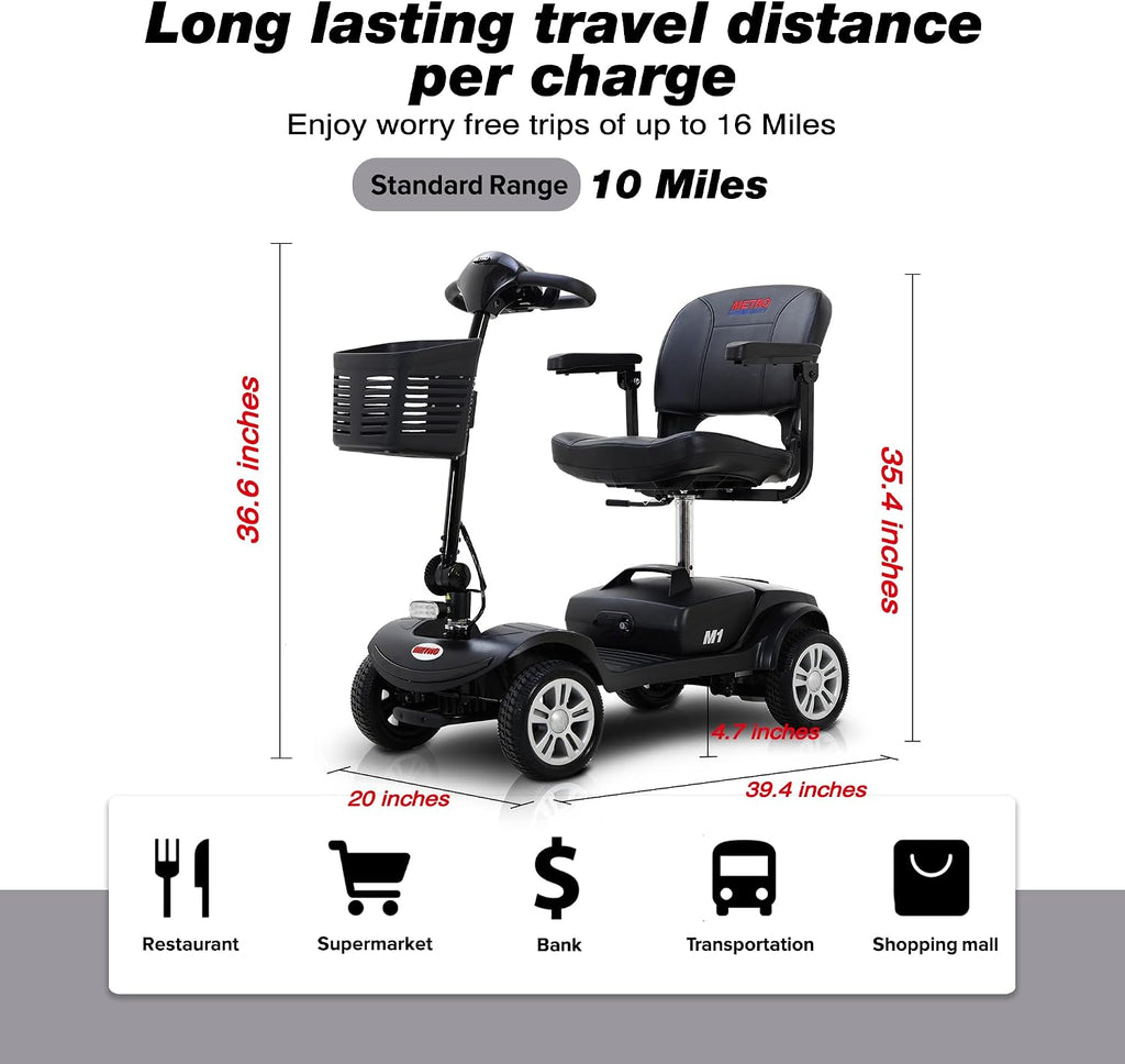 Metro Mobility 4 Wheel Electric Mobility Scooters for Adults - 300 lbs Capacity Folding Mobility Scooter for Seniors, Travel - Long Range Power Extended Battery - Black